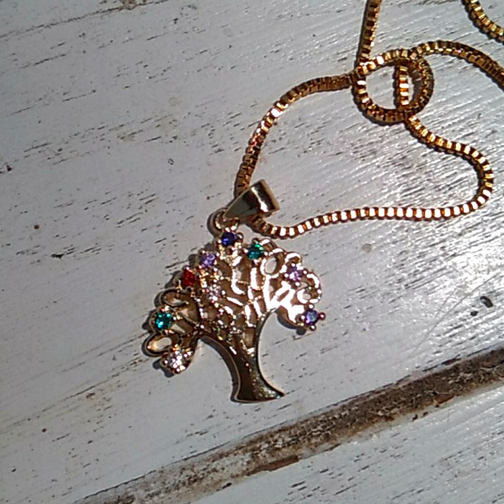 Austrian Crystal Tree of Life Necklace 10k Gold